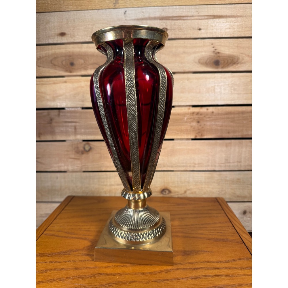 Vintage Ruby Red Glass Vase Ornate Gold Tone Metal Hollywood Regency 10 Inch
